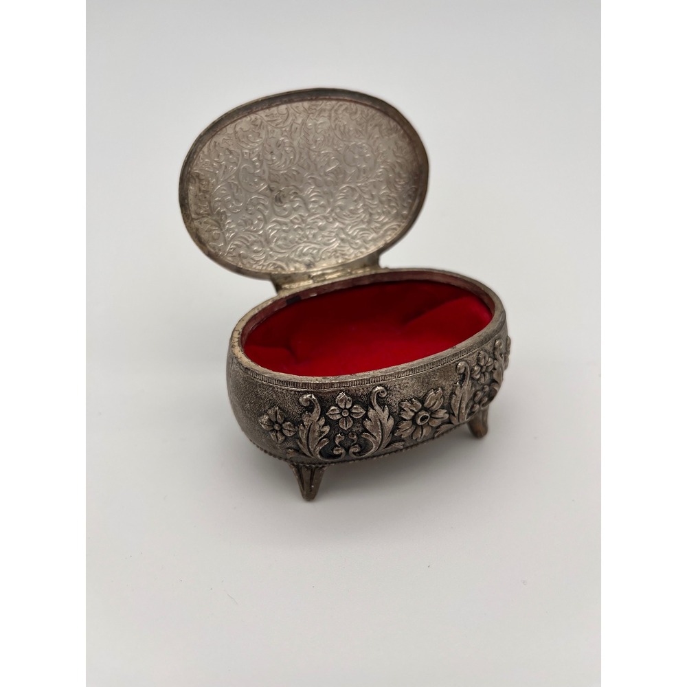Vintage Silver Tone Footed Trinket Box Floral Embossed Red Velvet Lined Oval